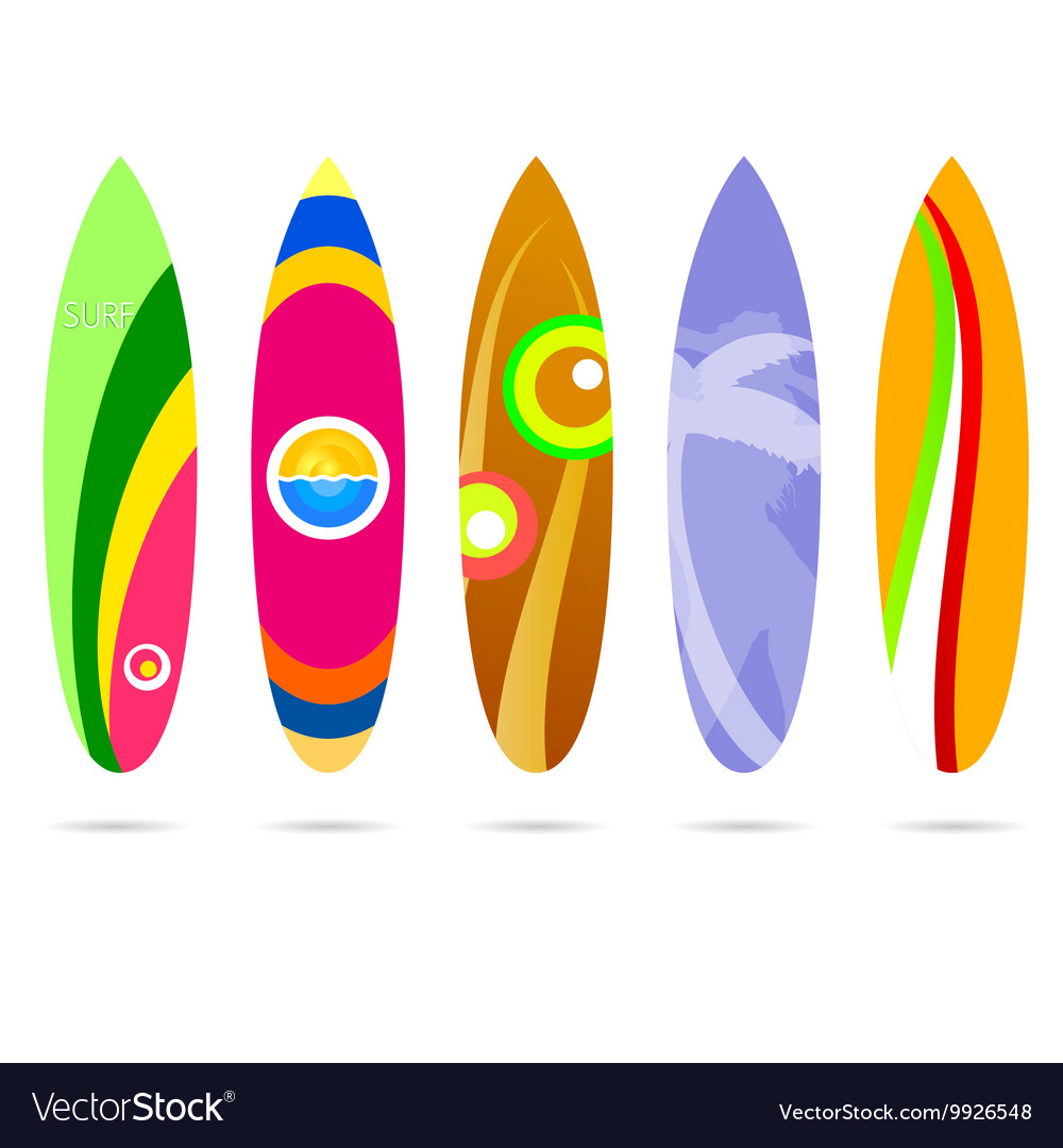 Surf board set in colorful on white Royalty Free Vector