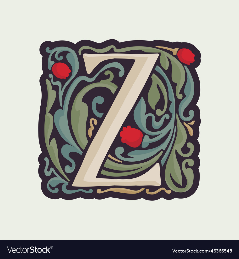 Z letter illuminated initial with curve leaf