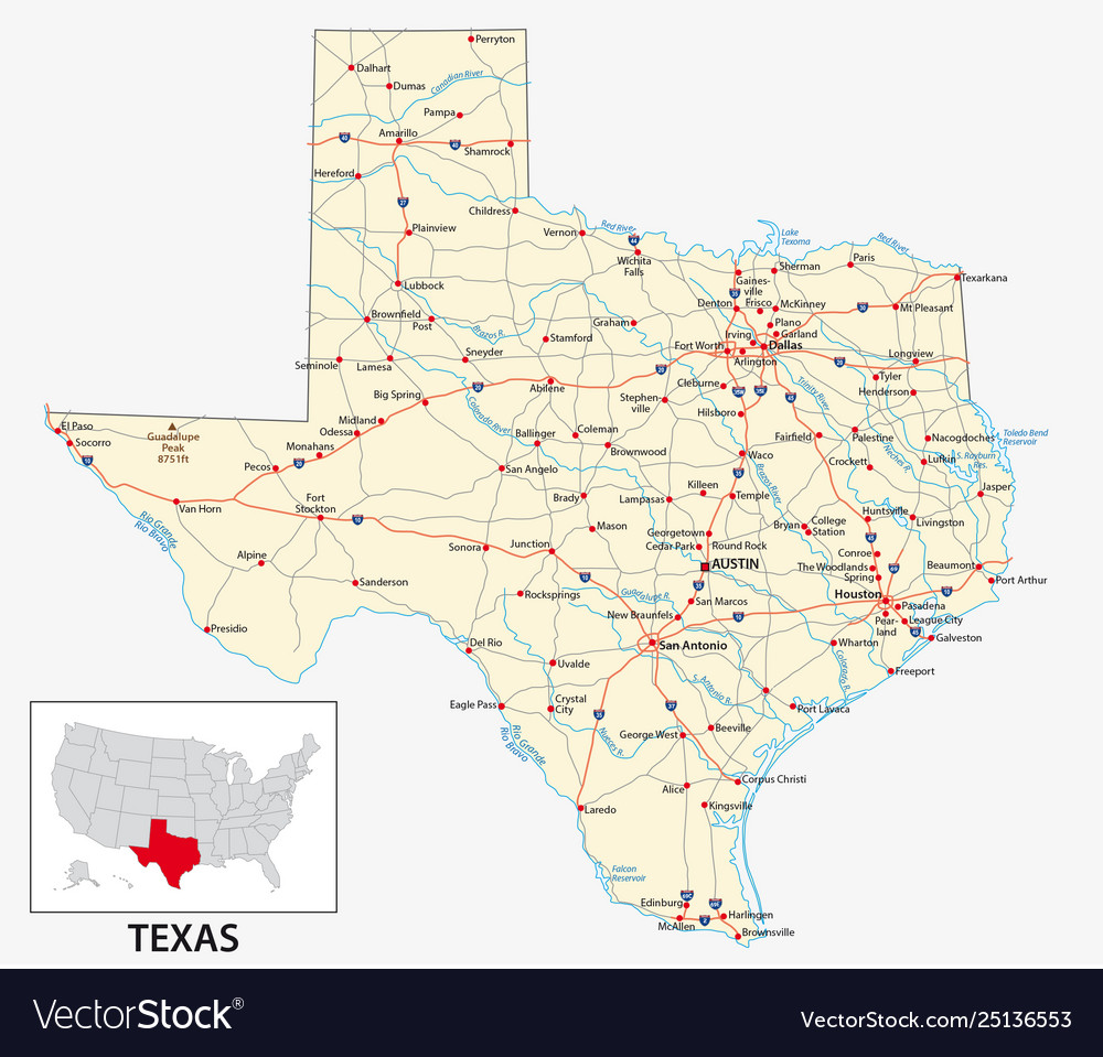 Road map us american state texas Royalty Free Vector Image