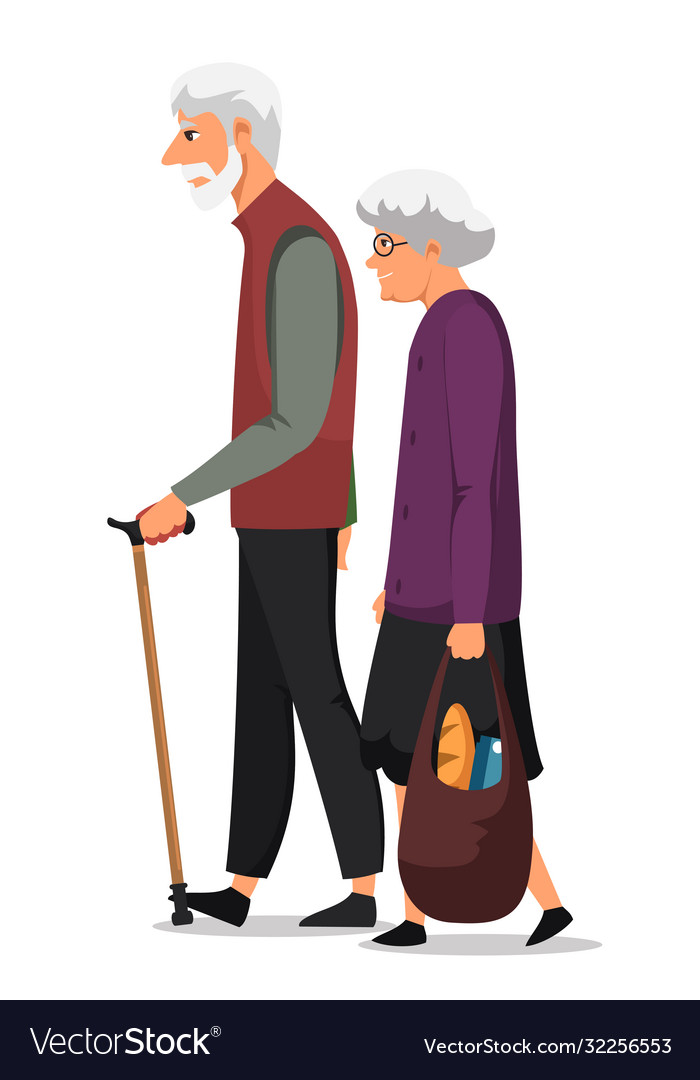 Senior man and woman couple crossing road on white