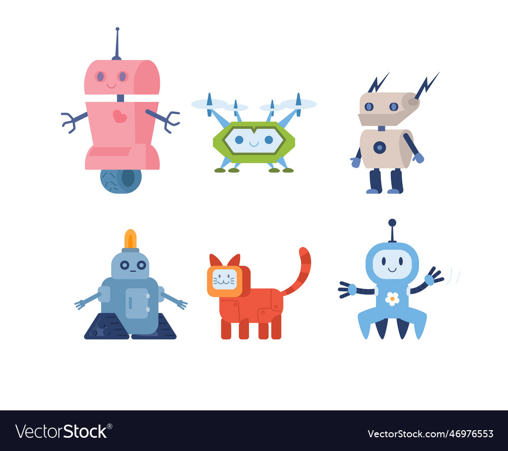 Set of cute childish smart robots different forms