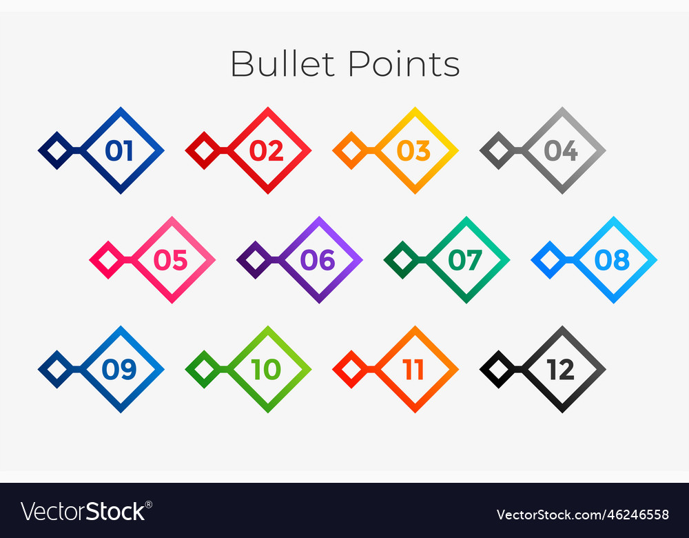 Geometric bullet points numbers from one to twelve