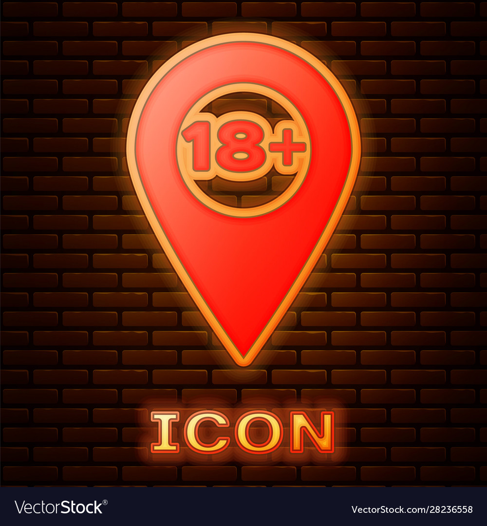 Glowing neon map pointer with 18 plus icon