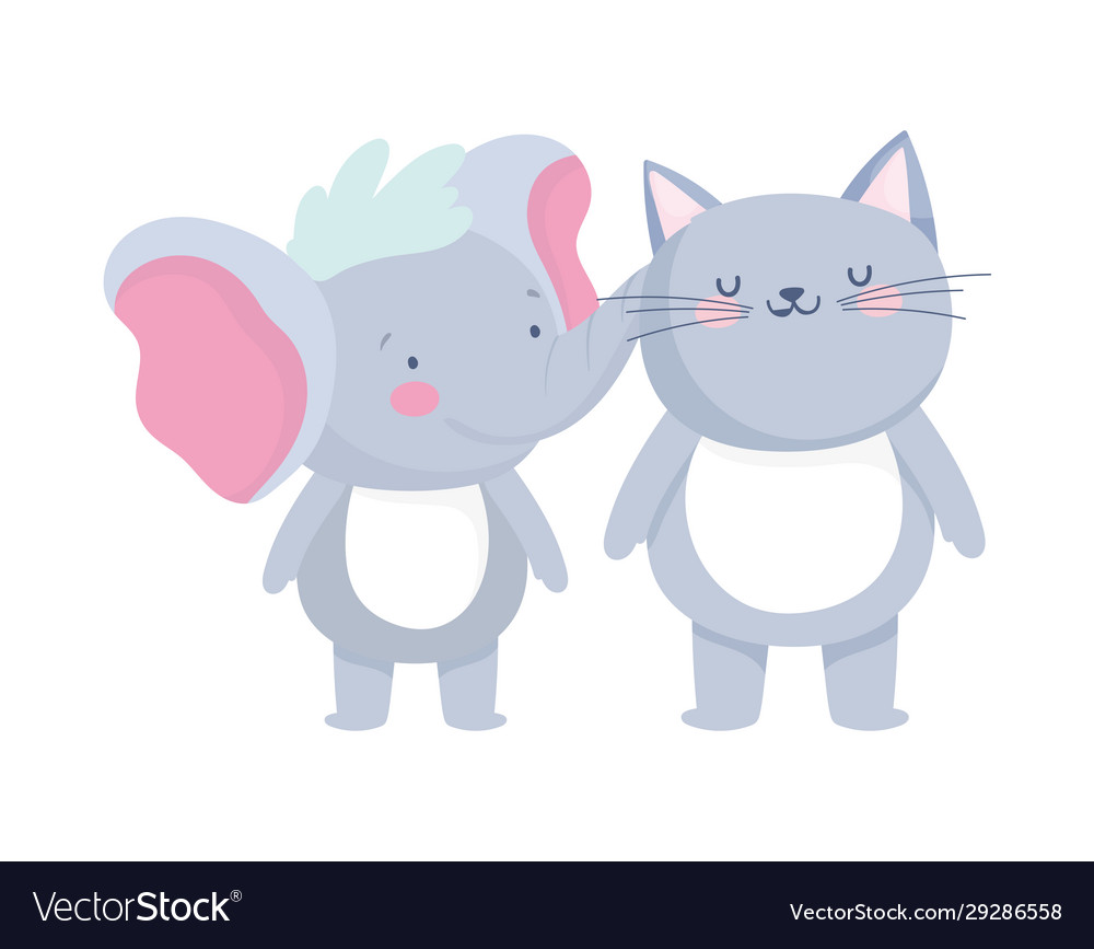 Little cat and elephant cartoon character on white