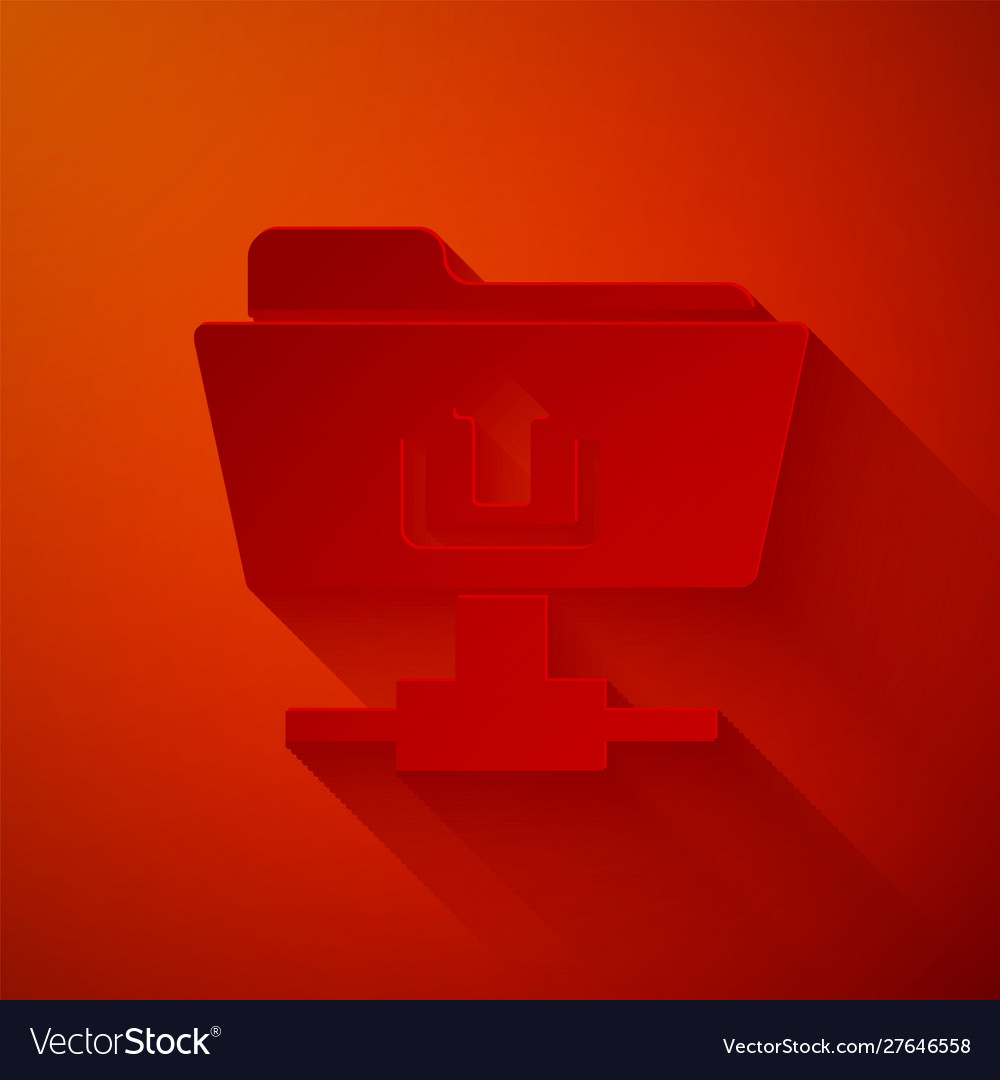 Paper cut ftp folder upload icon isolated on red