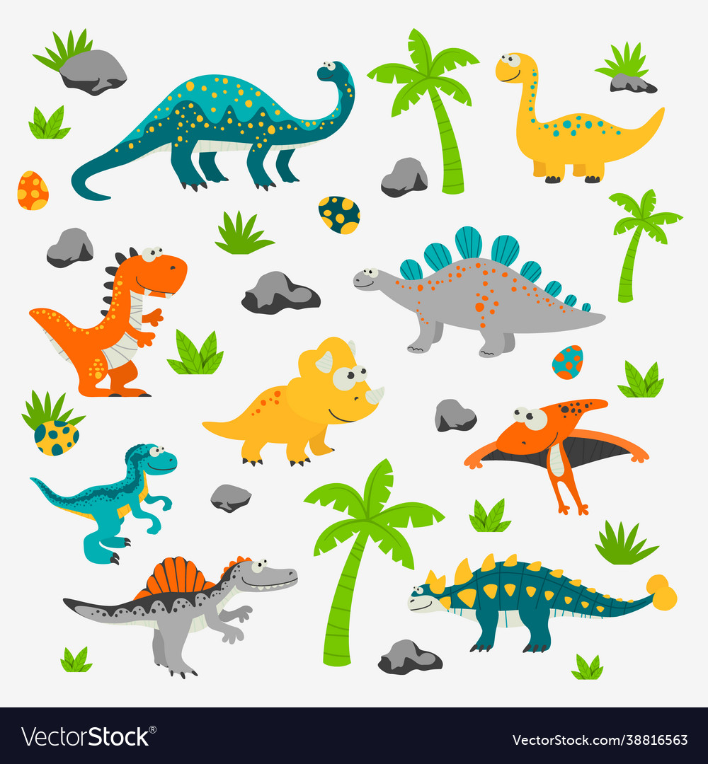 Two funny baby dinosaur characters - brontosaurus and pterodactyloidea,  cartoon vector illustration isolated on white background. Happy smiling  brontosaurus and pterodactyloidea dinosaur characters Stock Vector