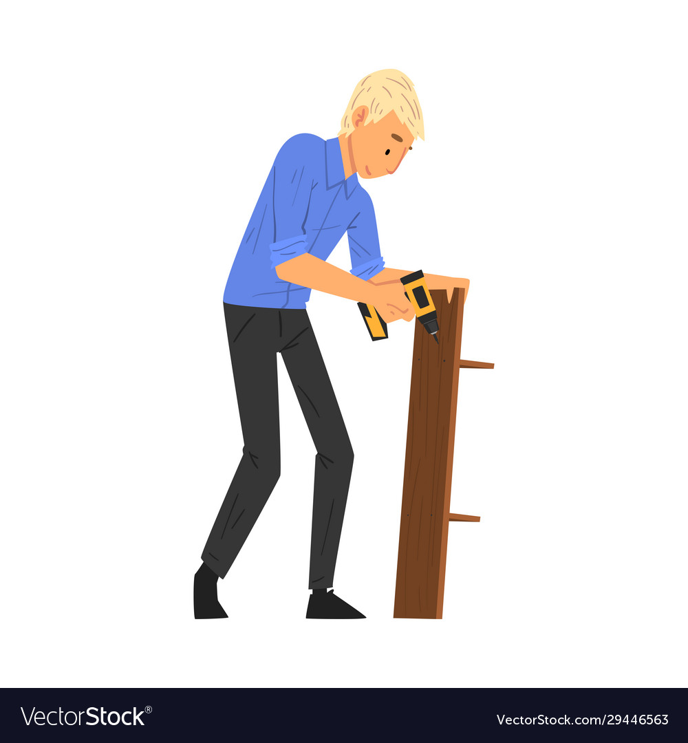 Man assembling and installing new furniture vector image Man assembling and installing new furniture