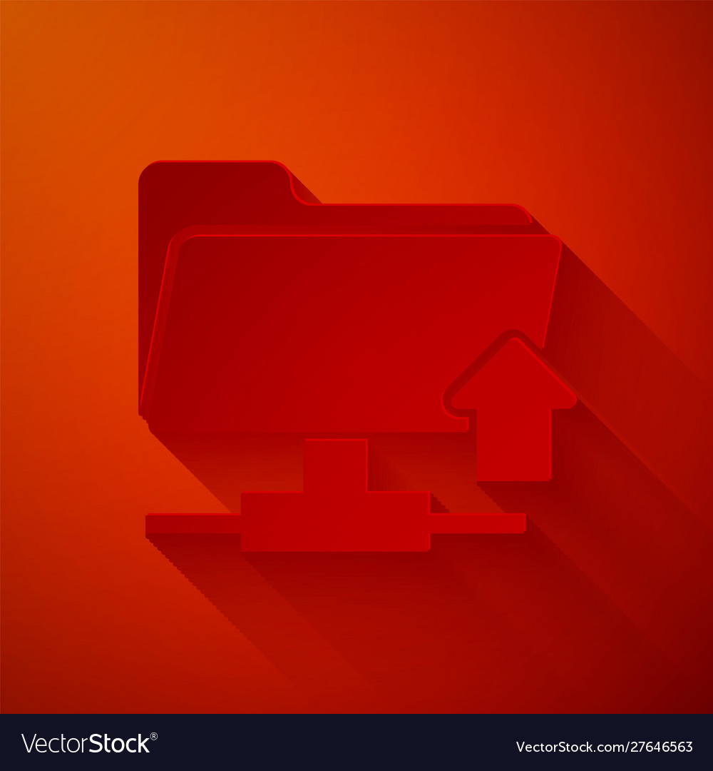 Paper cut ftp folder upload icon isolated on red