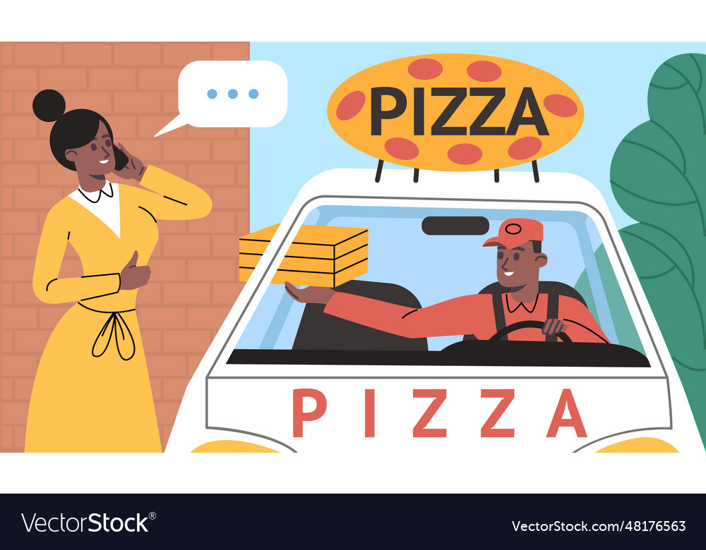 Pizza delivery man in car guy gives food to woman