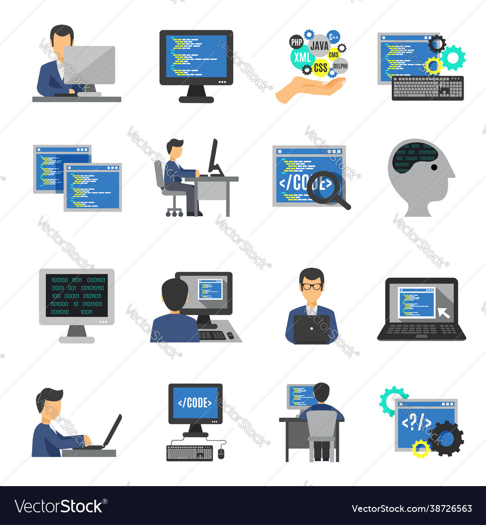 Programmer icons flat set vector image Programmer icons flat set