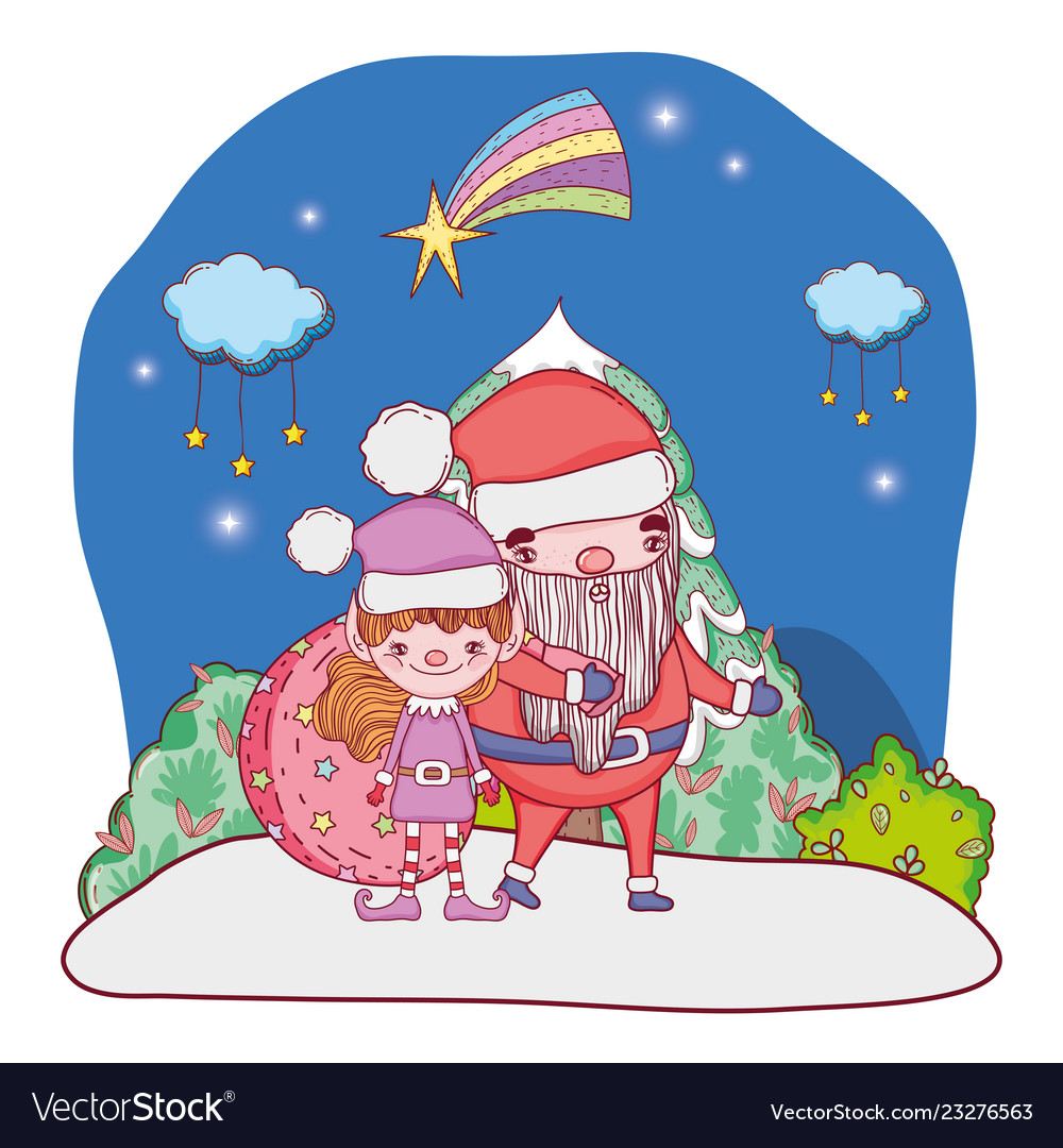 Santa claus with tree and helper in the snowscape