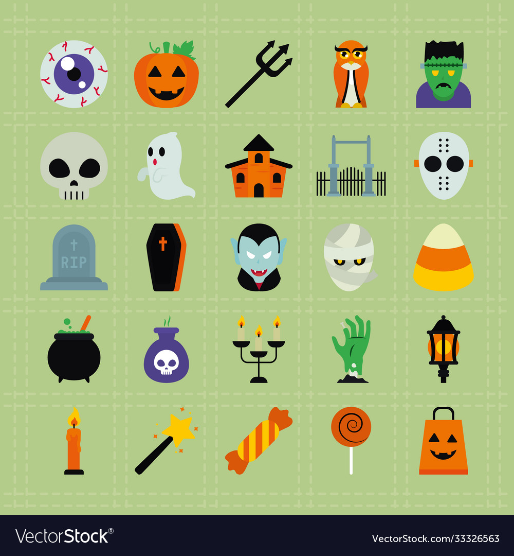 Skull and halloween icon set flat style