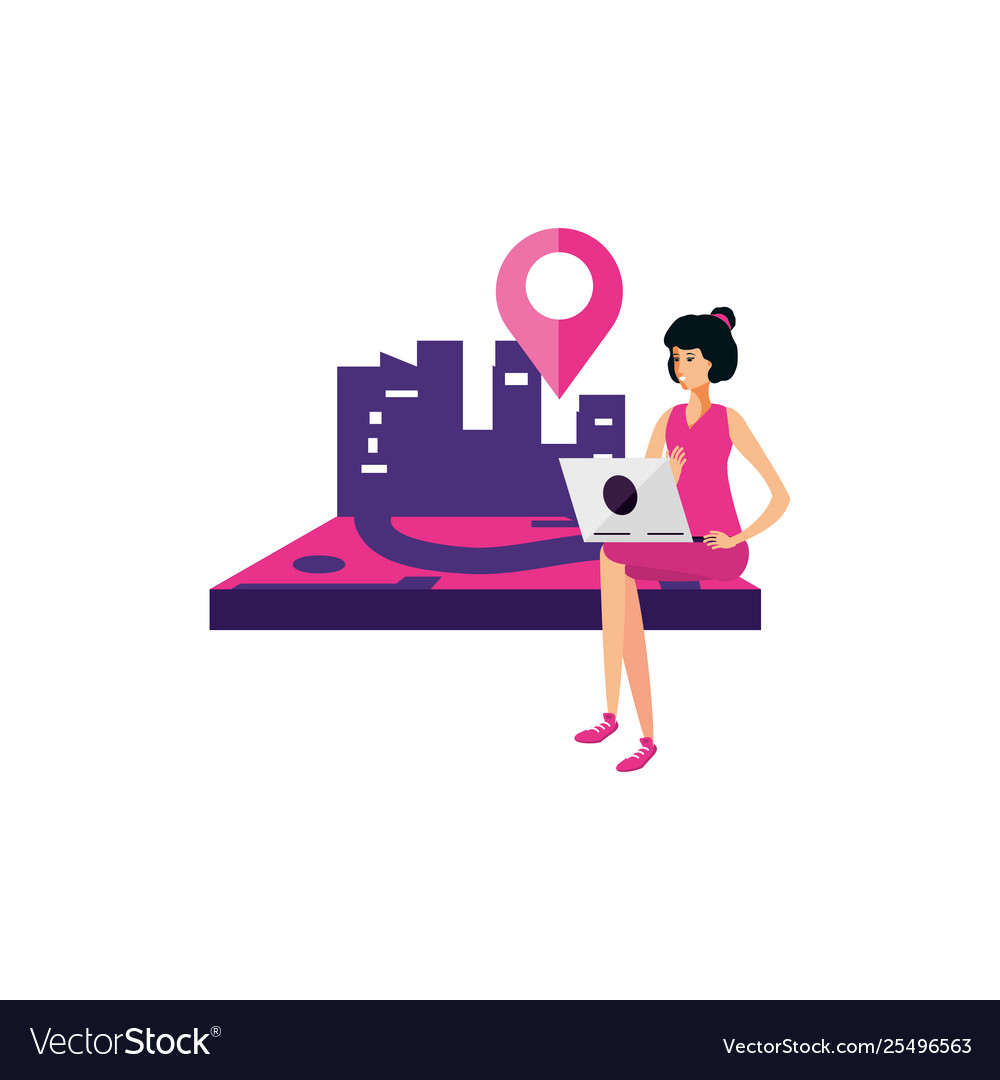 Woman using laptop with pin pointer location