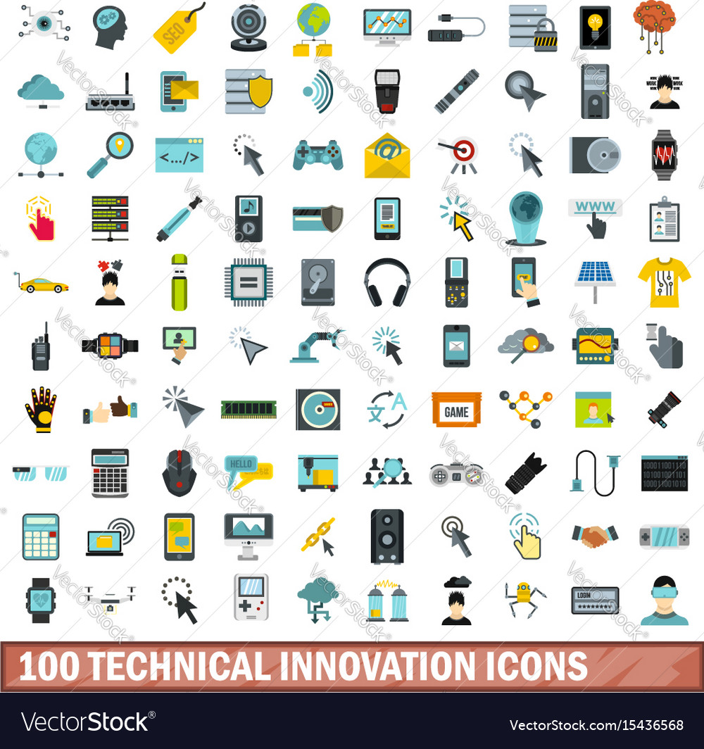 100 technical innovation icons set flat style Vector Image