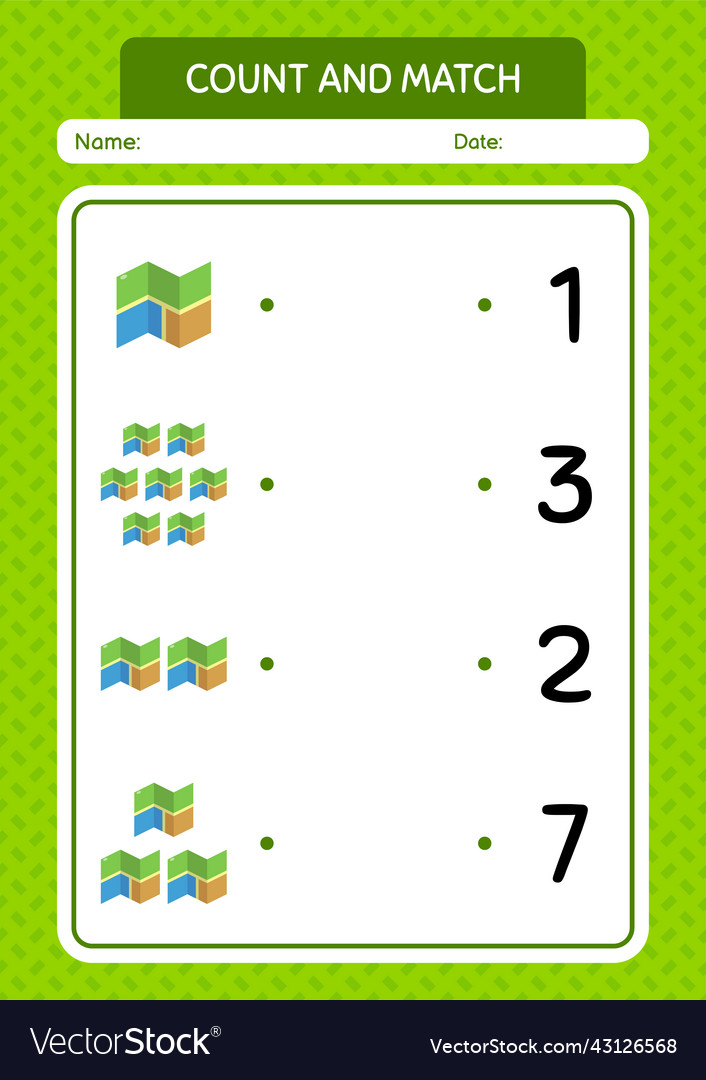 Count and match game with map worksheet vector image Count and match game with map worksheet