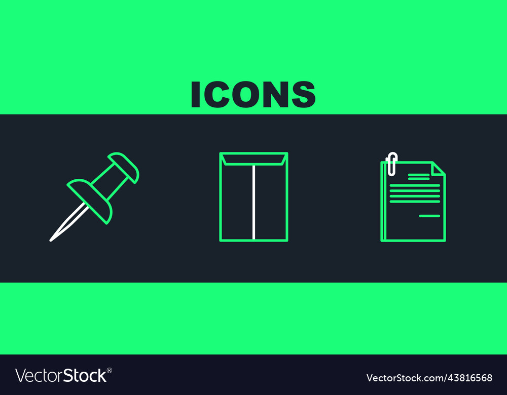 Set line file document and paper clip push pin vector image Set line file document and paper clip push pin