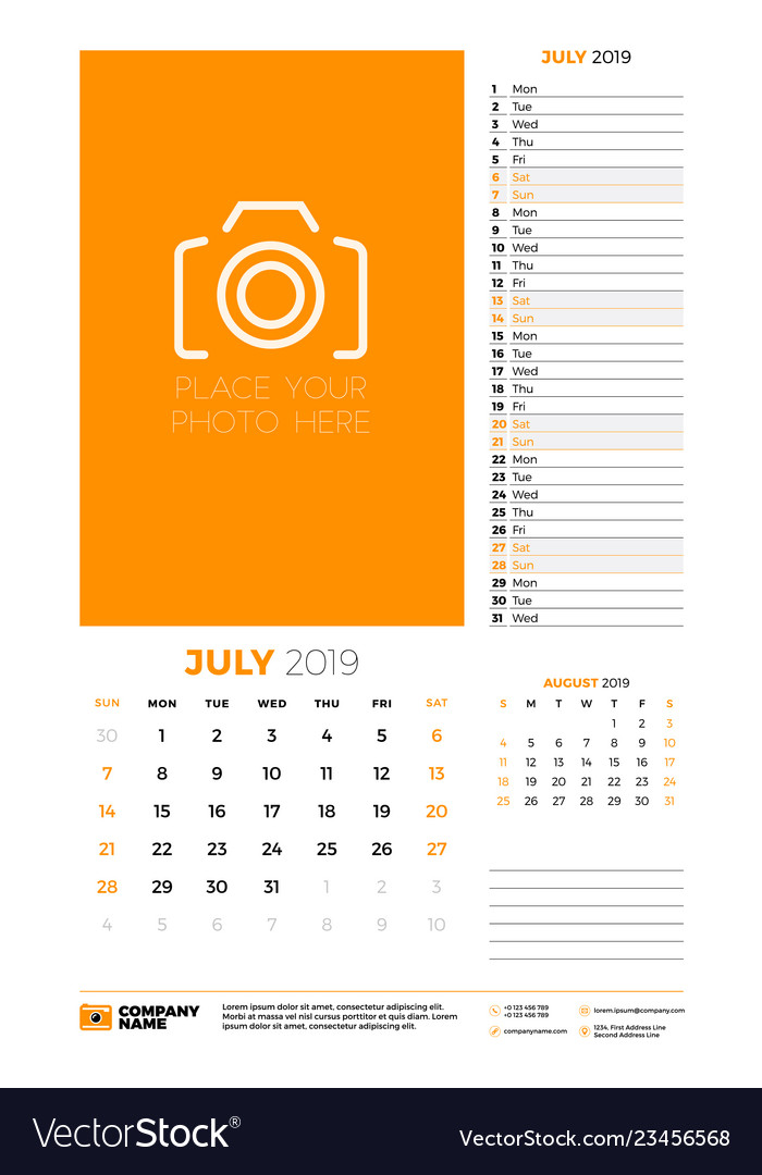 Wall calendar planner template for july 2019 week vector image Wall calendar planner template for july 2019 week