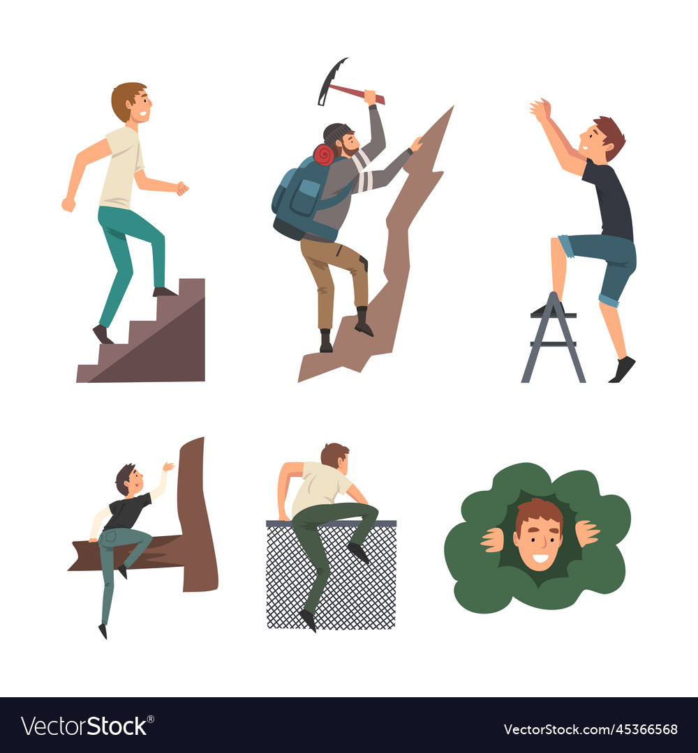 Junge Männer Klettertreppe Berg und über Zaun vector image Junge Männer Klettertreppe Berg und über Zaun