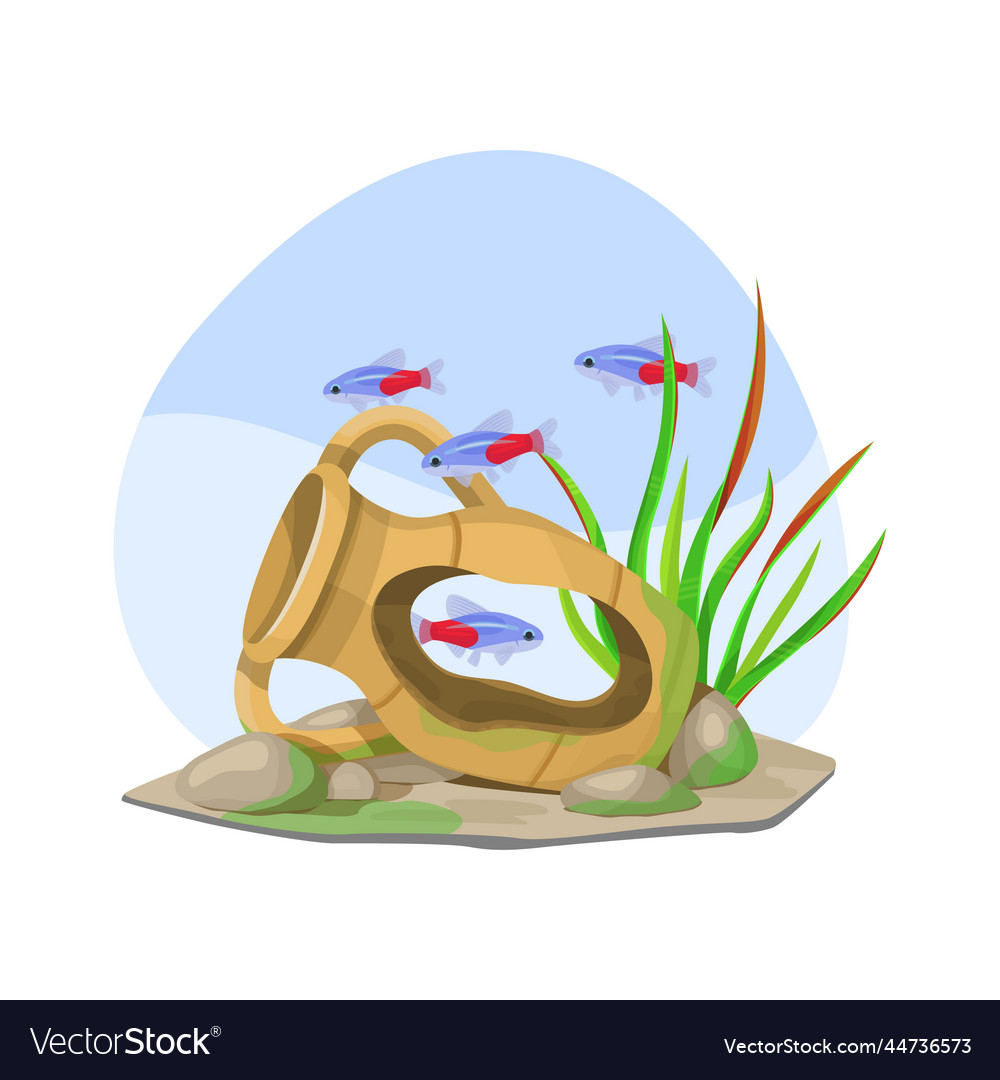 Aquarium with broken amphora and fishes flat