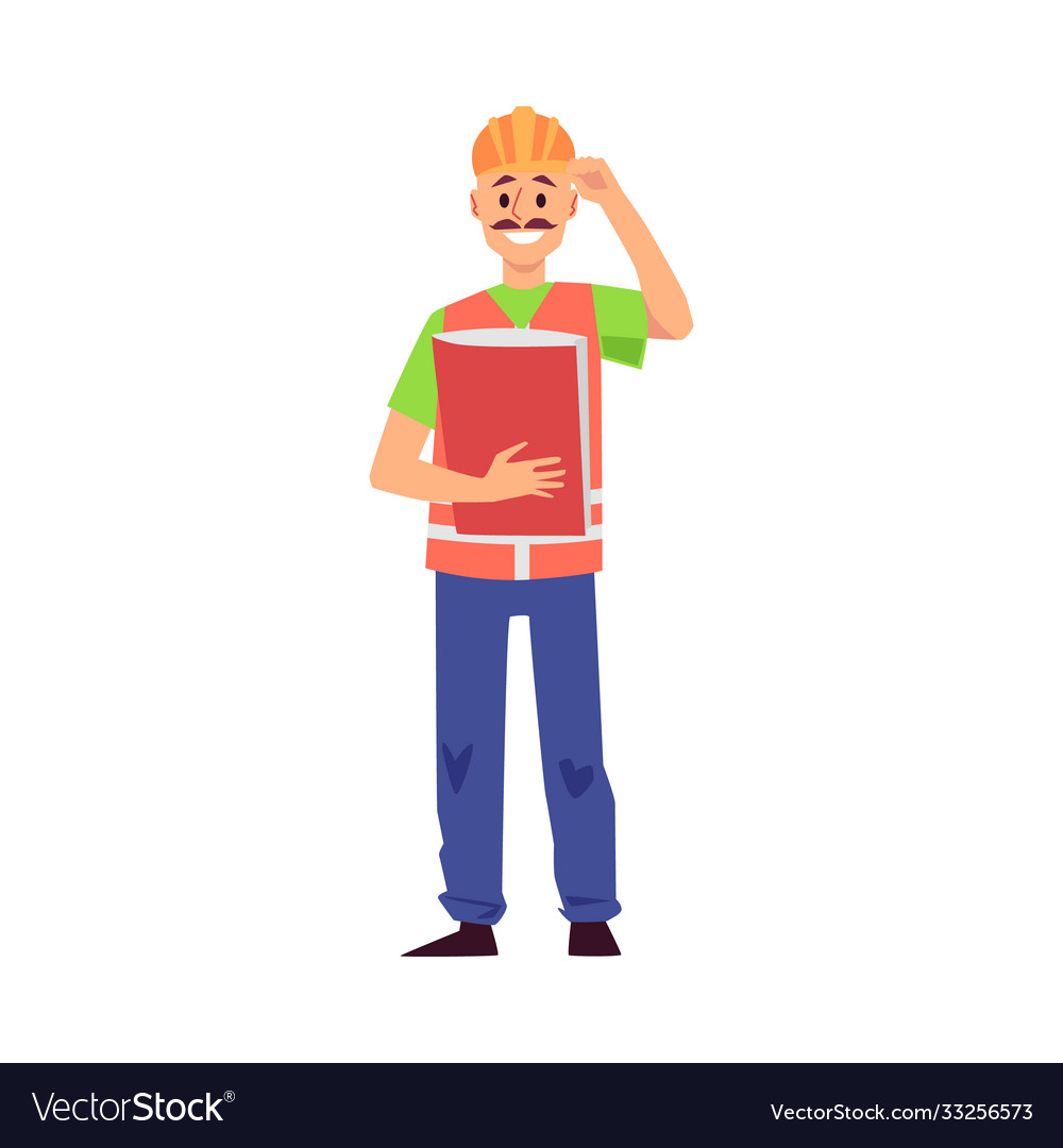 Cartoon man in builder uniform holding document