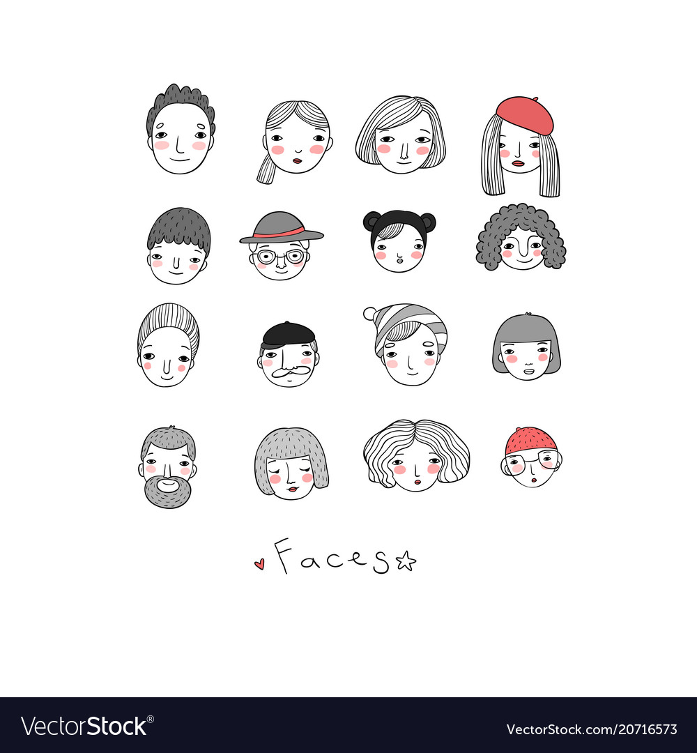 Different faces hand drawing isolated objects vector image Different faces hand drawing isolated objects