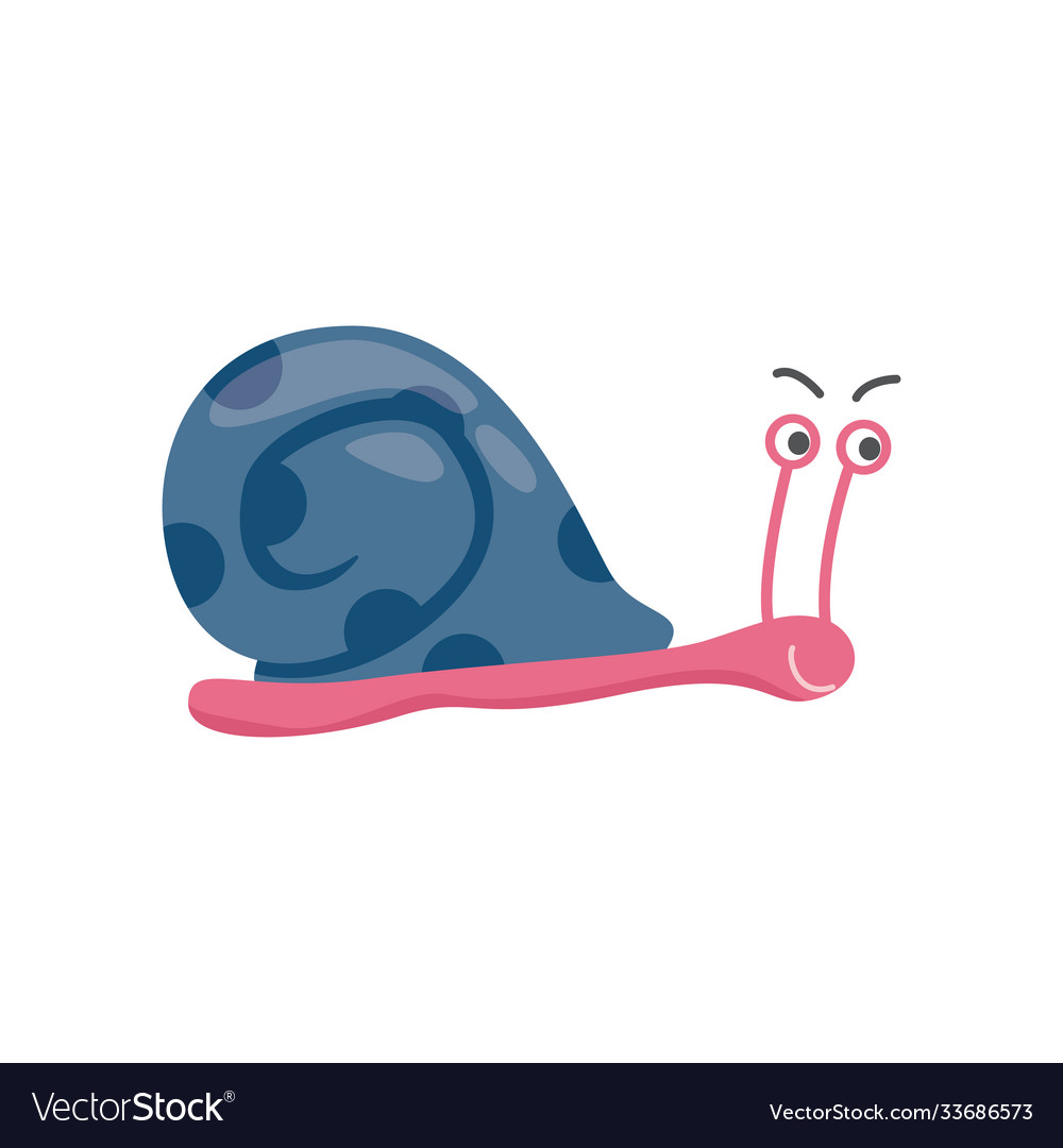 Funny snail cartoon character with blue shell flat