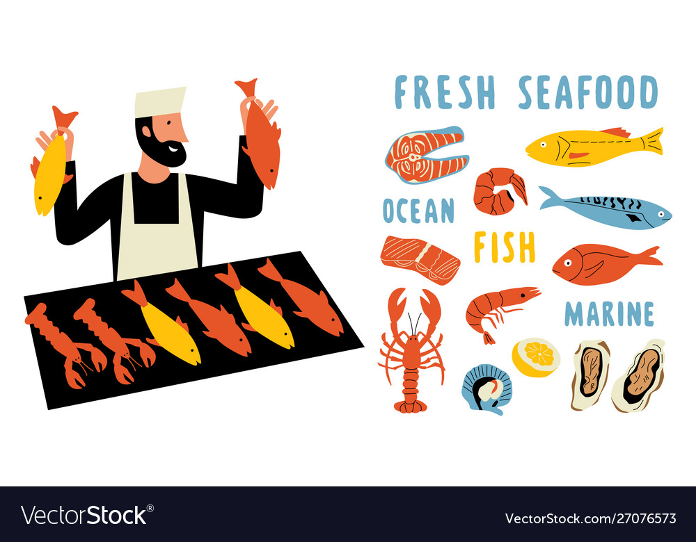 Seafood funny doodle set cute cartoon man food Vector Image Seafood funny doodle set cute cartoon man food Vector Image