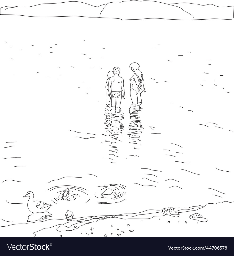 A woman and two children went into the water Vector Image