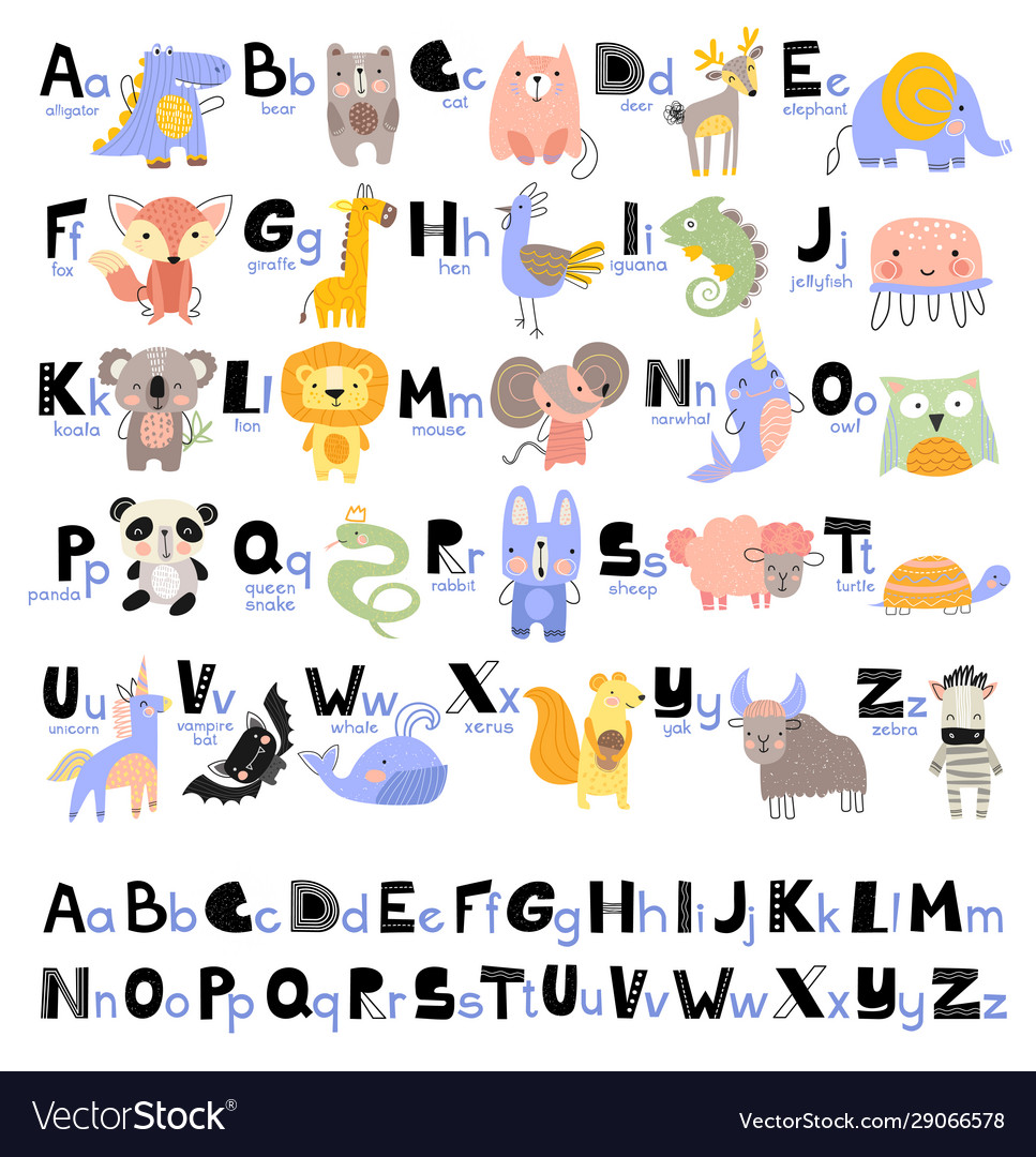 Funny alphabet for young children with names and Vector Image