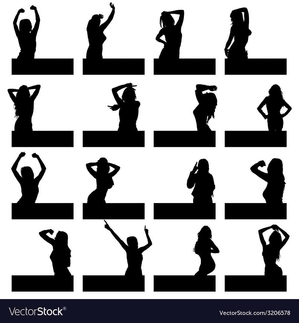 Girl in various poses on black silhouette