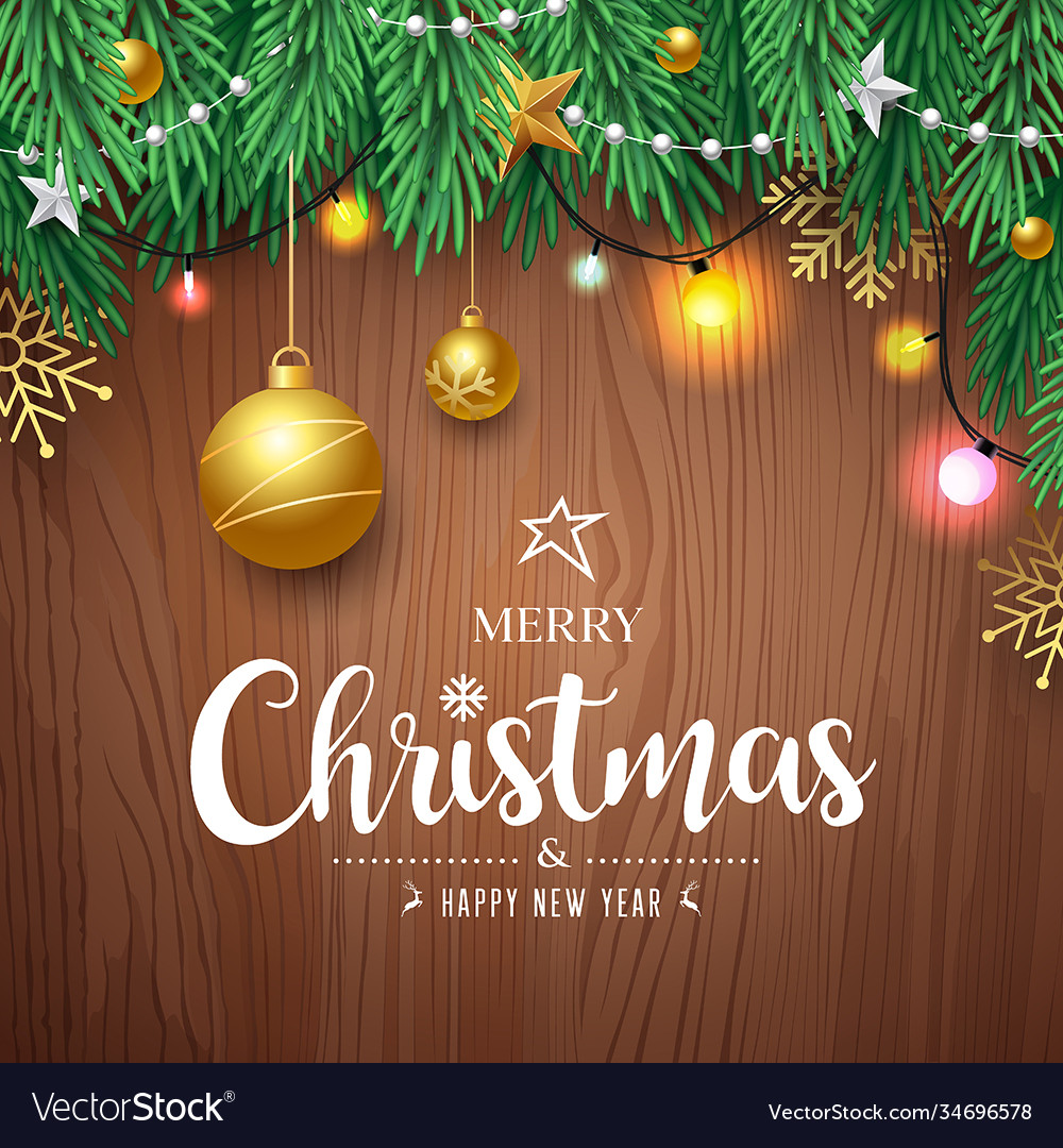 Merry christmas pine leaves and gold ball Vector Image