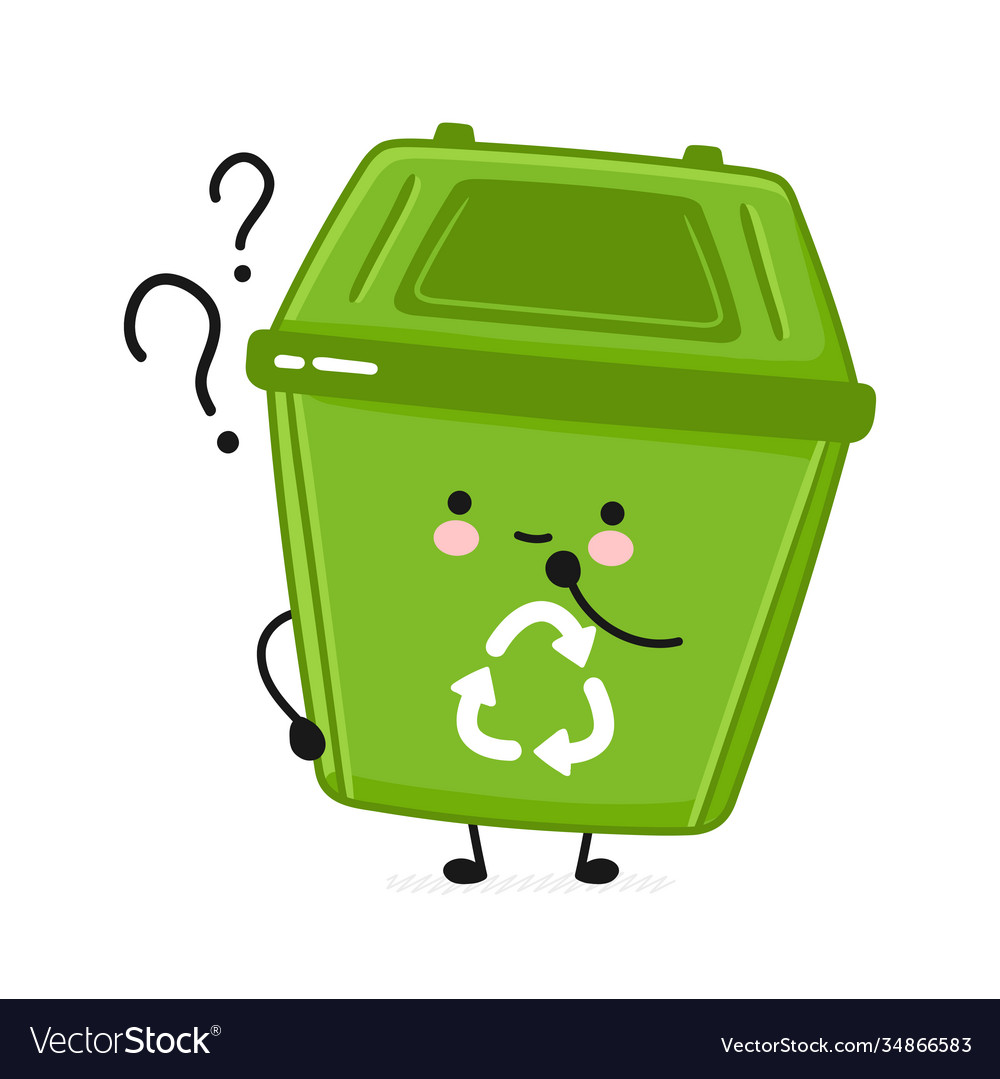 Cute happy garbage container with question mark