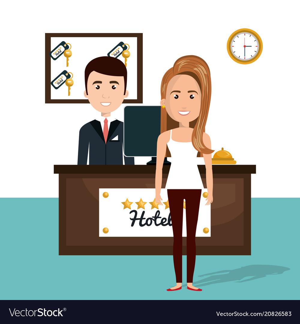 Junge Frau in der Hotelempfang Charakterszene vector image Junge Frau in der Hotelempfang Charakterszene