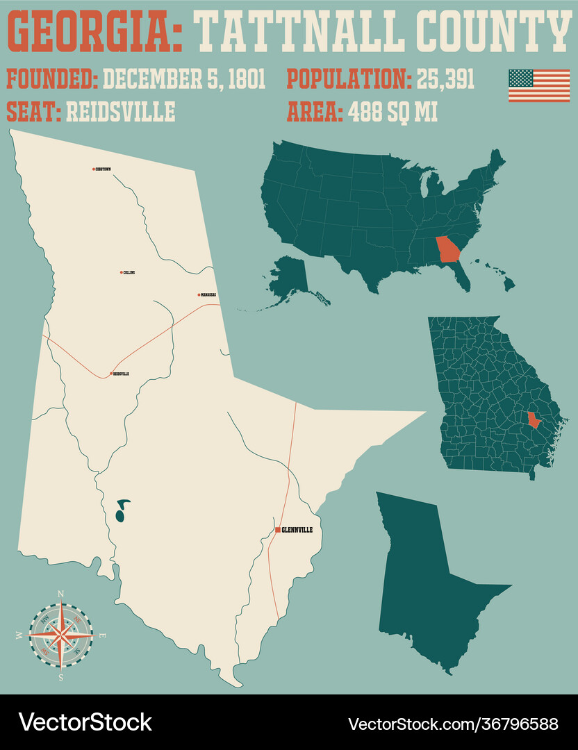 Map tattnall county in Royalty Free Vector Image