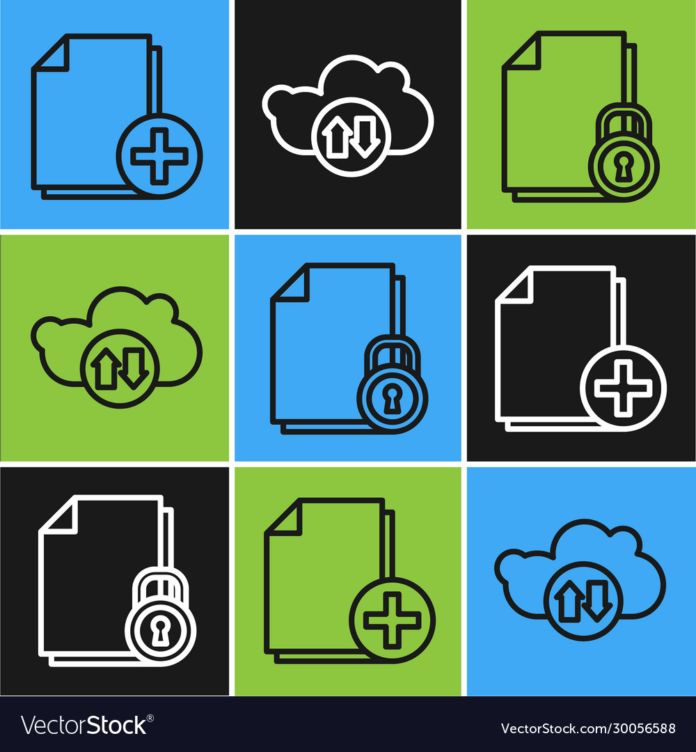 Set line add new file document and lock cloud vector image Set line add new file document and lock cloud