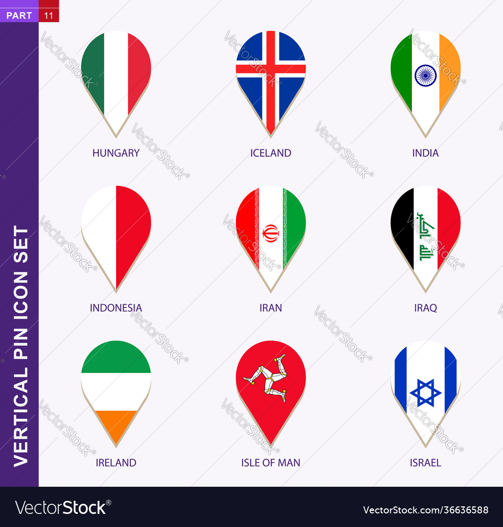 Vertical pin icon set 9 country flag