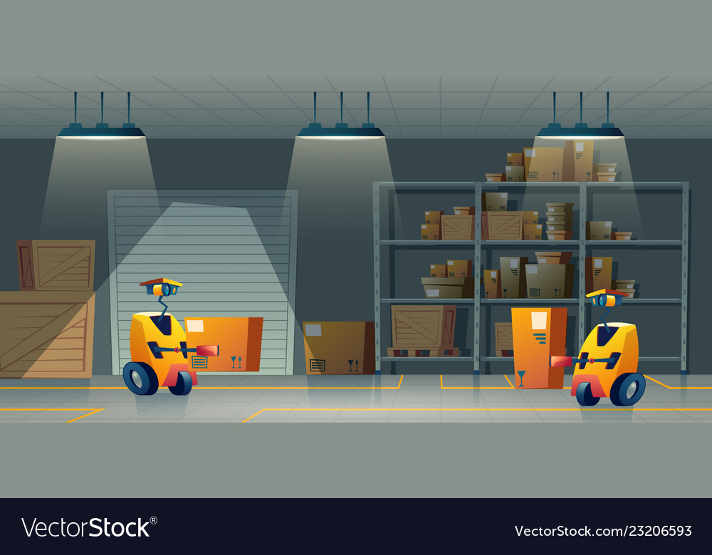 Cartoon storehouse storage with robot Royalty Free Vector