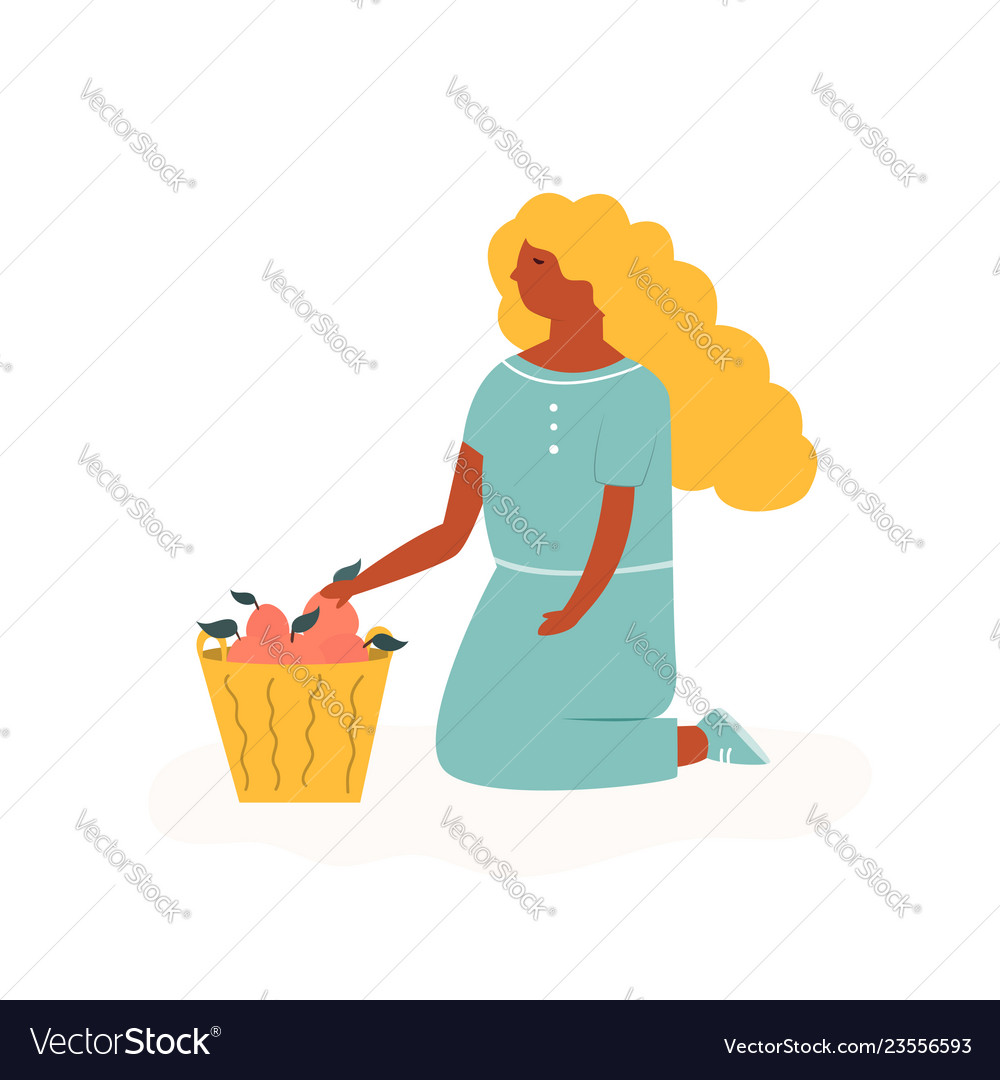 Cute farmer girl sitting with basket of fruits