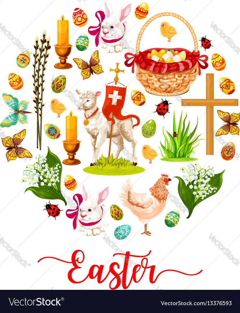 Easter round poster with holiday symbols Vector Image