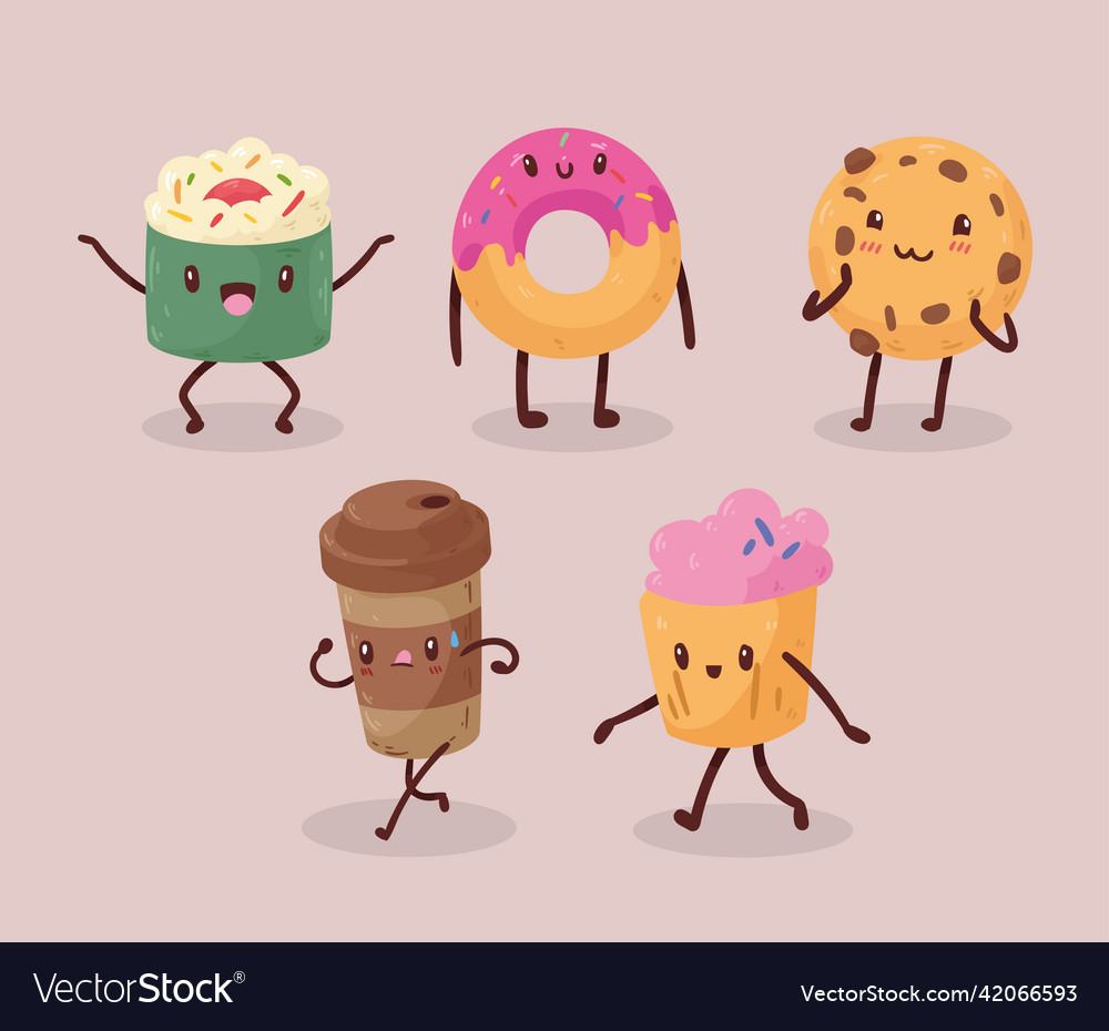 Five kawaii food characters Royalty Free Vector Image