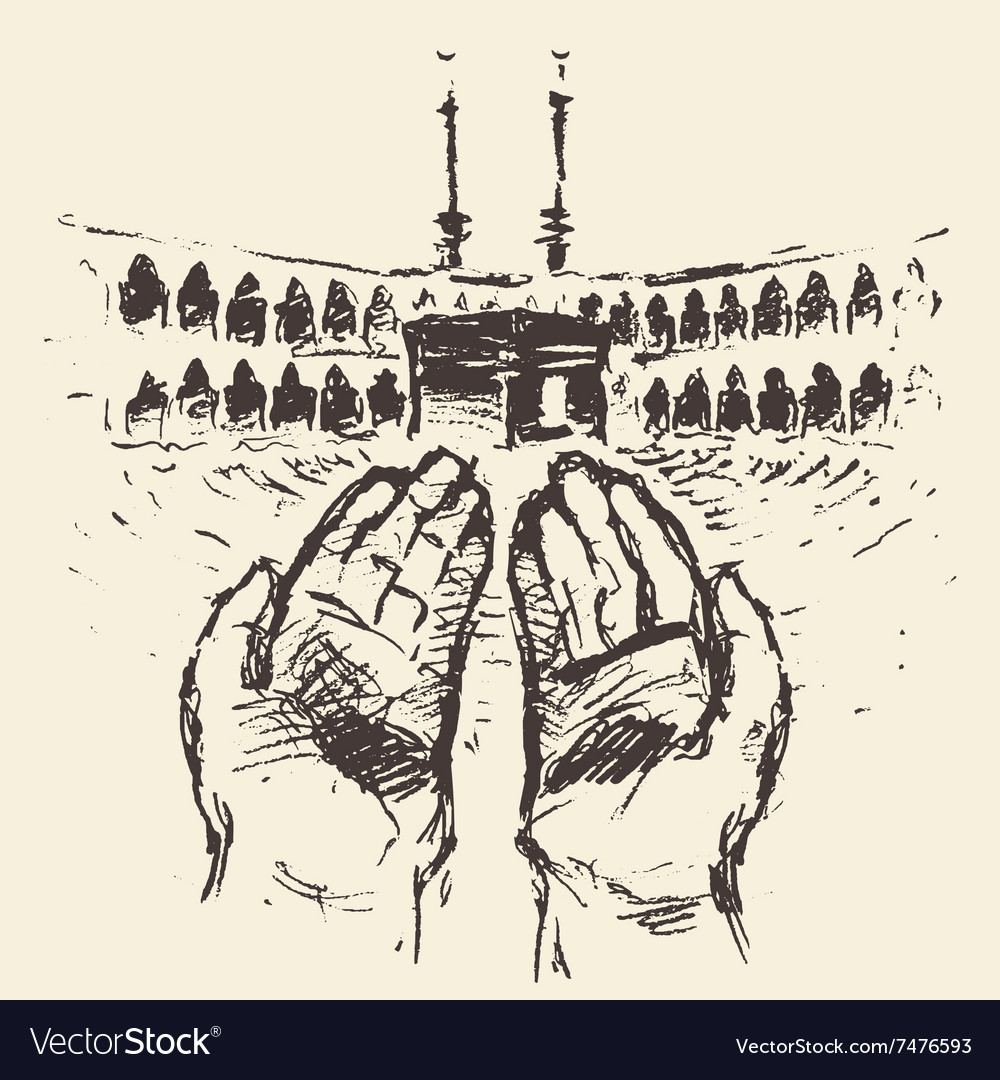 Holy kaaba mecca saudi arabia praying hands drawn