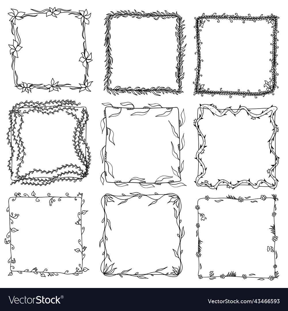 Set hand drawn doodle frame with plants flowers Vector Image