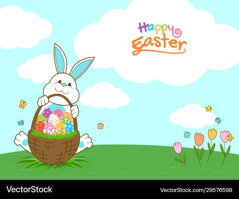 Happy easter banner with rabbit and easter eggs Vector Image