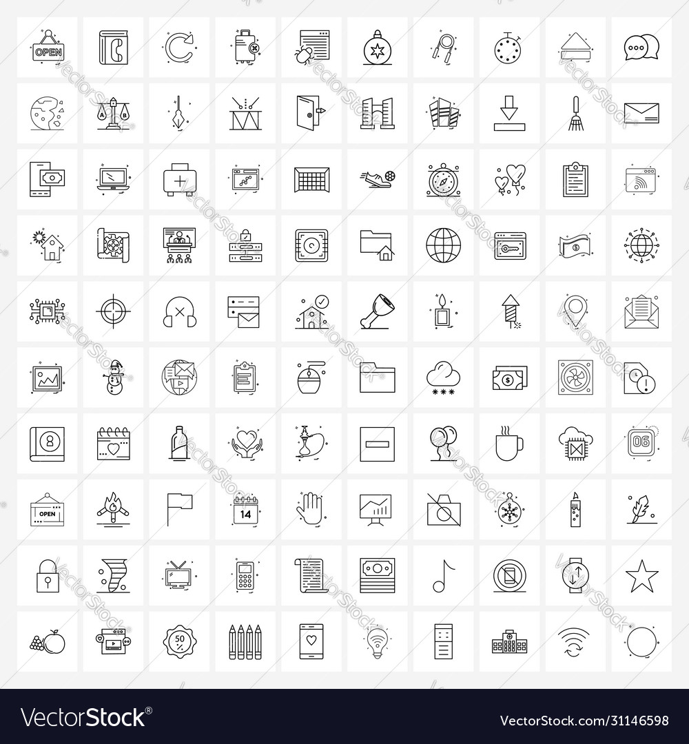 Set 100 modern line icons bug travel ui