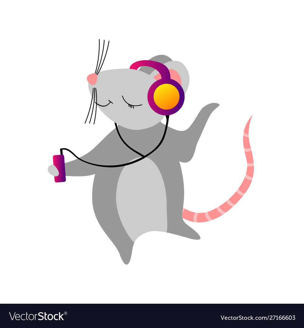 Cute cartoon mouse listening to a palyer