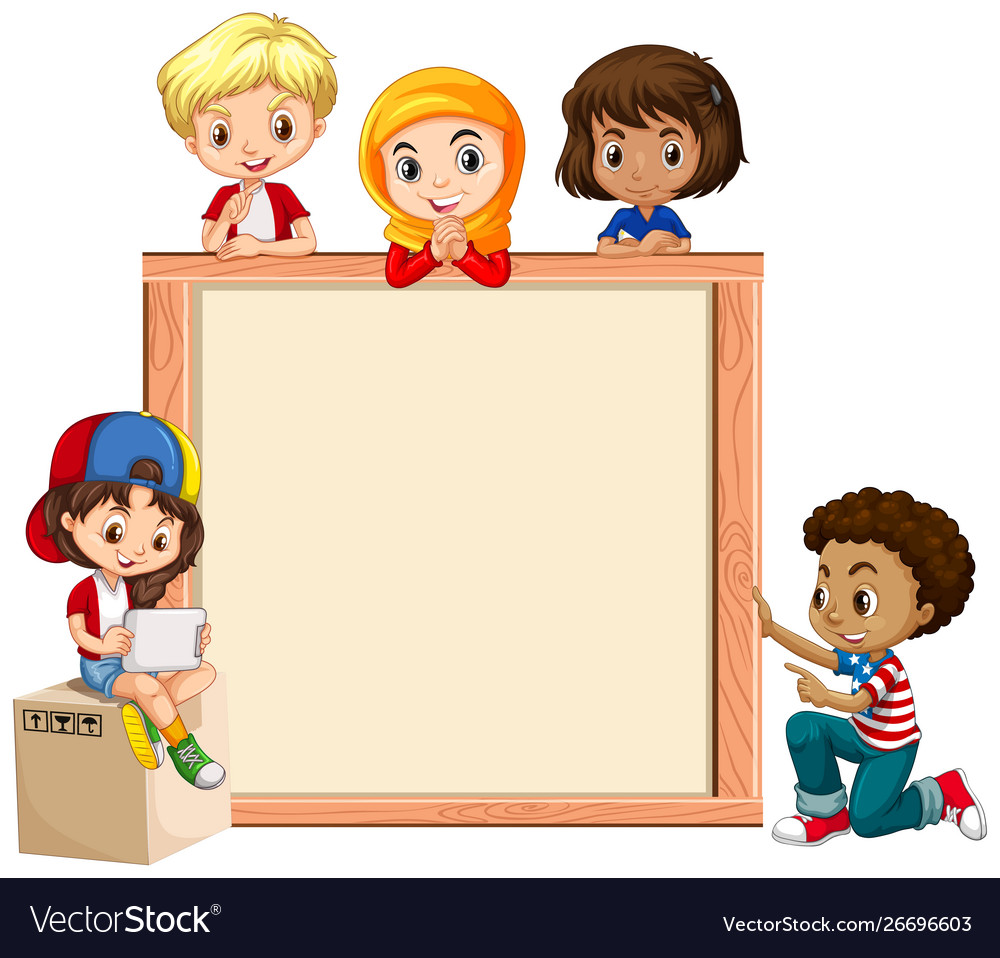 Frame template with happy kids on wooden board Vector Image