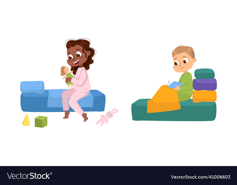 Little boy and girl playing dolls reading book Vector Image