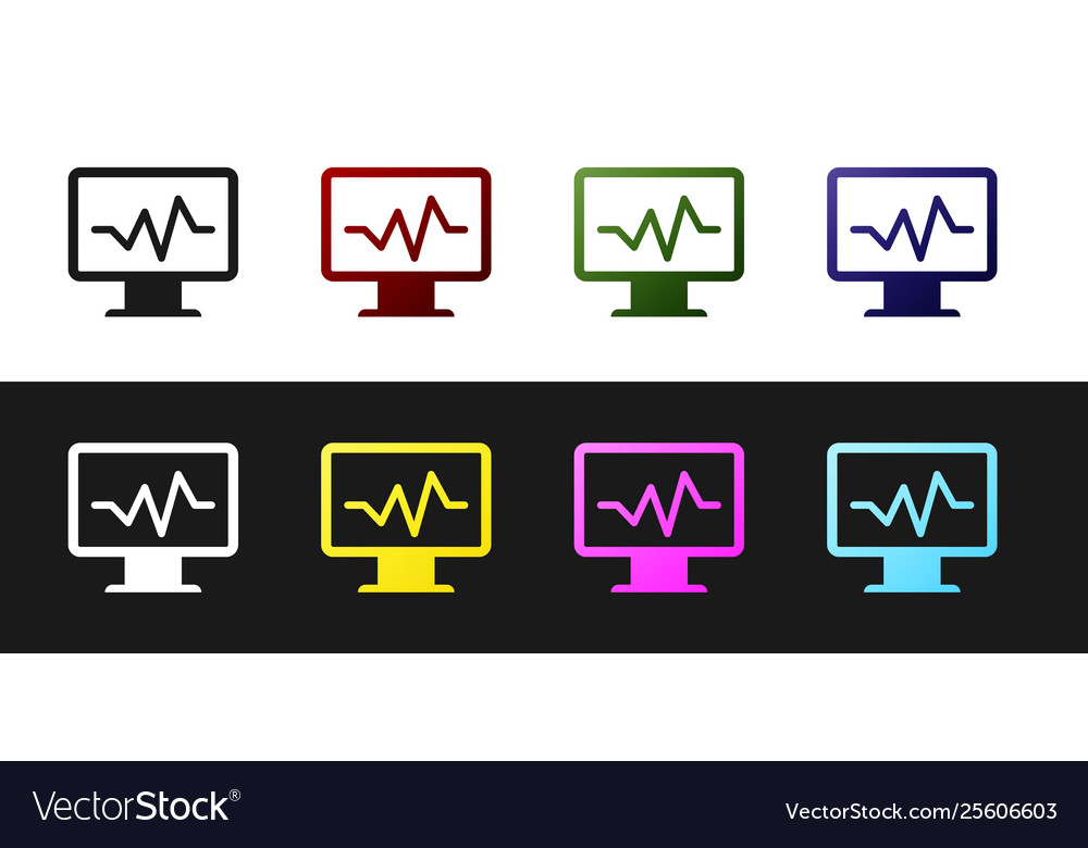 Set computer monitor with cardiogram icon isolated