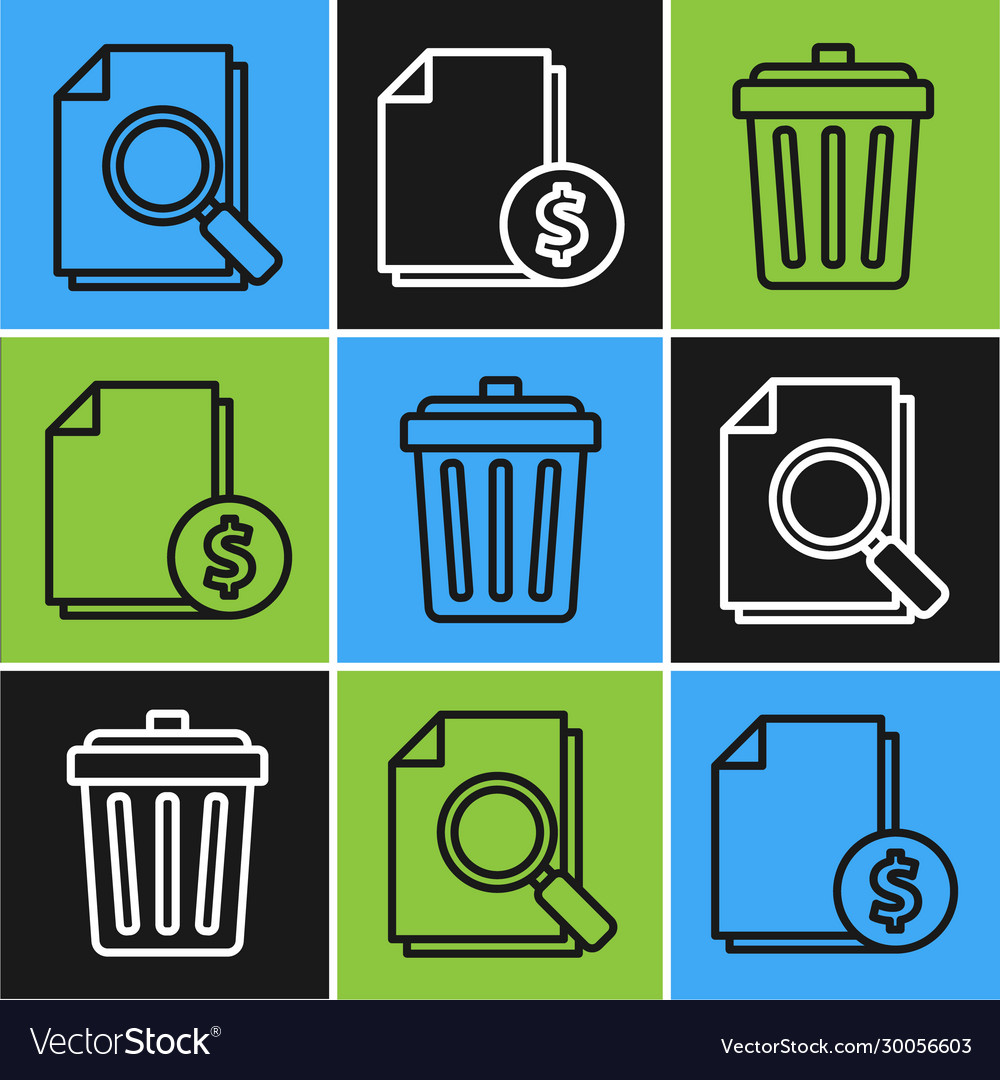 Set line document with search trash can vector image Set line document with search trash can