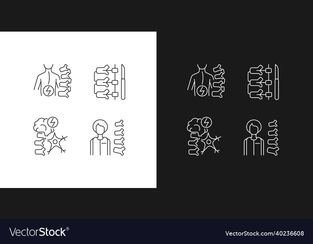 Spinal column disorders linear icons set for dark vector image Spinal column disorders linear icons set for dark